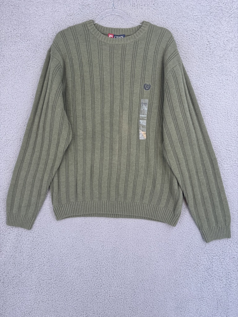 Chaps Men’s Large crew neck long sleeve knit sweater Olive Ribbed Pullover warm